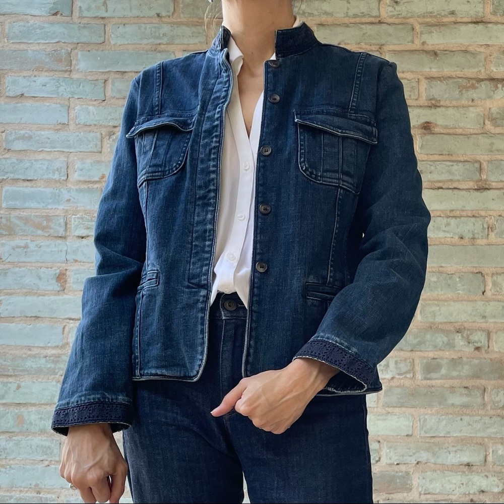 Charter Club Jean Jacket Crochet Trim Button Front Dark Wash Denim S